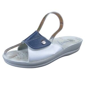 Inblu Women's 39 White‎ & Navy Leather Slip-On Slide Sandals Comfort
